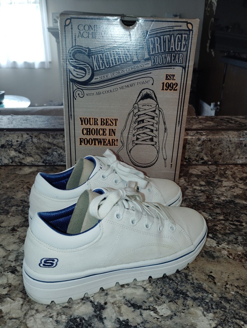 Skechers Men's White Sneakers with Navy Trim - Picture 2 of 3